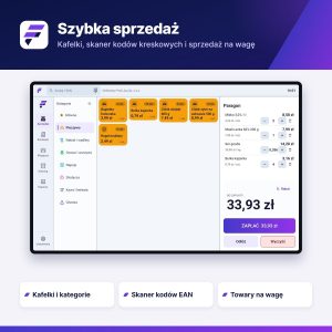 Ekran sprzedaży FCPOS: kategorie, kafelki towarów, skaner EAN i paragon