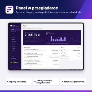 Panel zarządzania FCPOS w przeglądarce: sprzedaż dnia, sprawy do załatwienia i stan kas