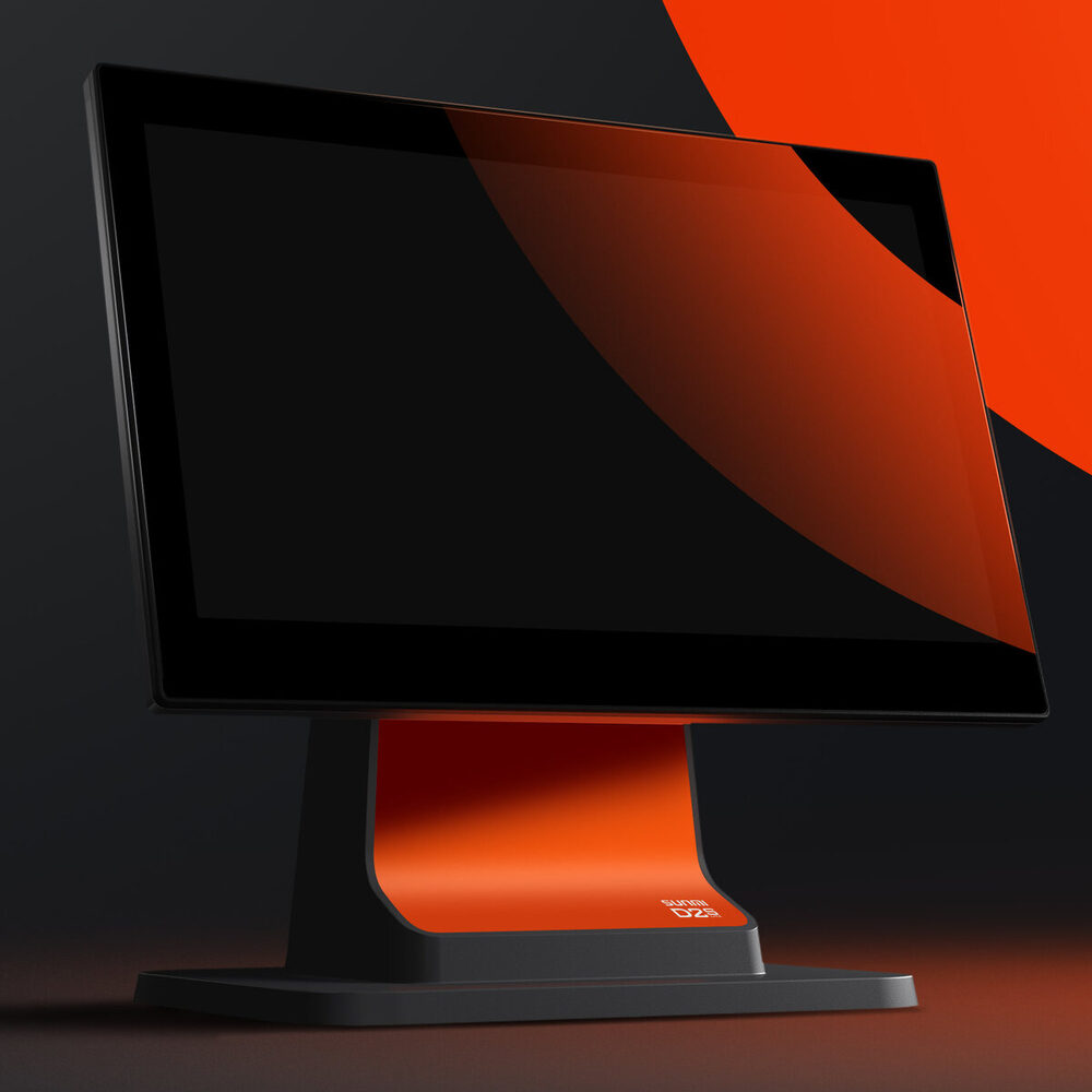 Terminal POS SUNMI D2s LITE z jednym ekranem 15,6 cala, czarna obudowa z pomarańczową podstawą