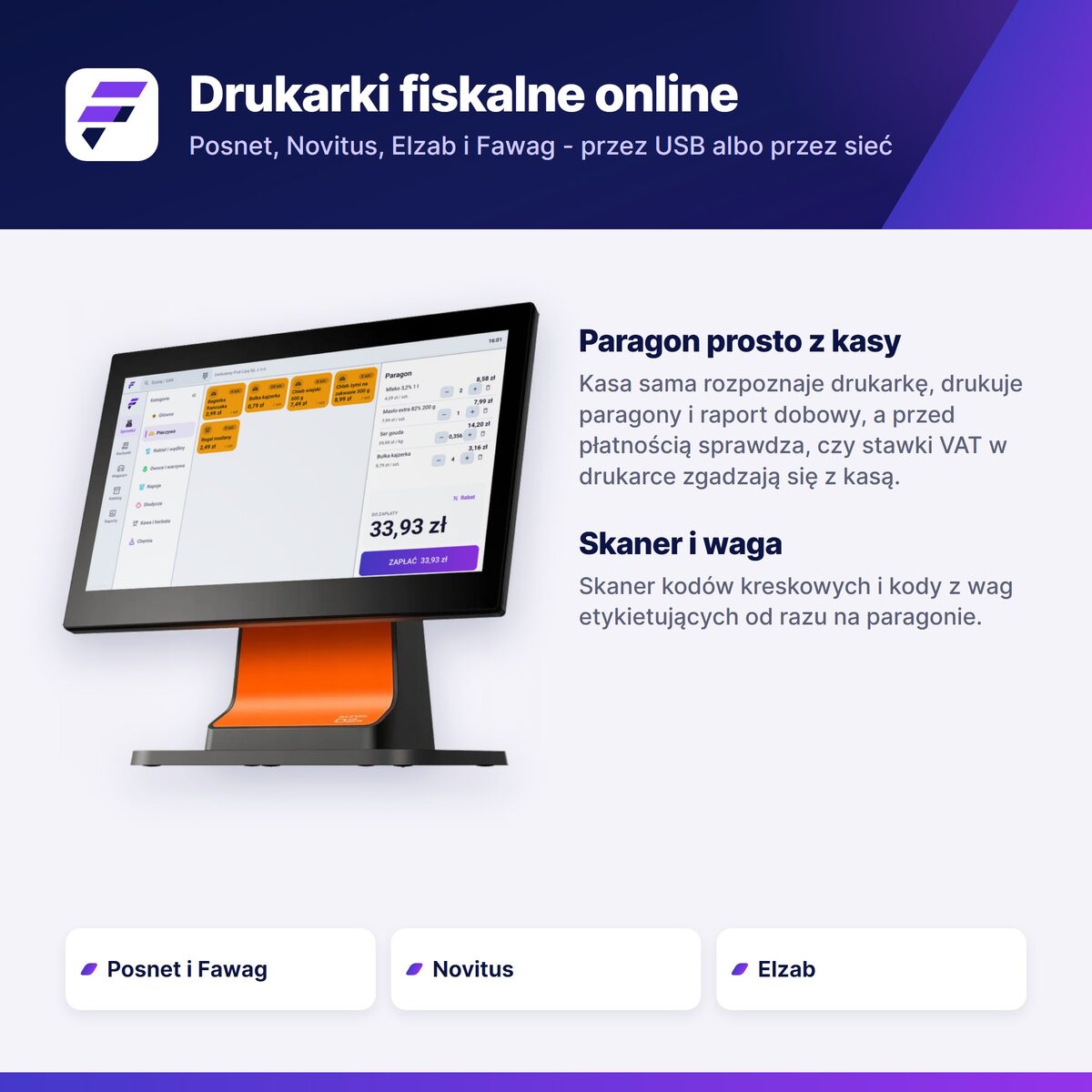 FCPOS - drukarki fiskalne online Posnet, Novitus, Elzab i Fawag, paragon prosto z kasy